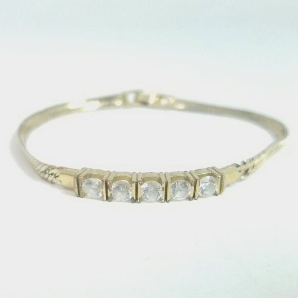 Vintage 5 Rhinestone Center Bracelet, Gold Tone Flat Chain, Minimal Stacking - Picture 1 of 6